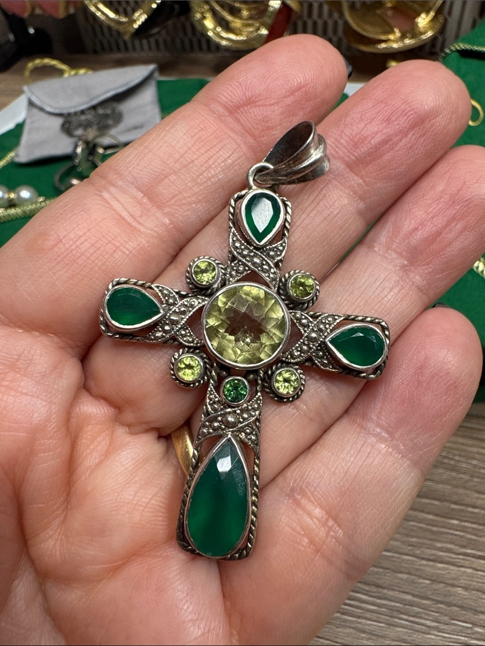 Sterling Silver Nicky Butler 925 Green Chalcedony Peridot Topaz Cross Pendant